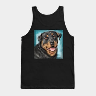 Painting of a Smiling Rottweiler with an Adorable Expression - Light Blue Spattered Background Tank Top